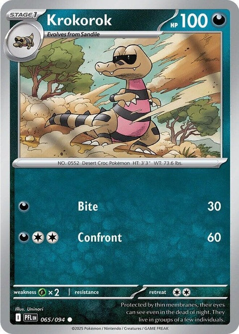 Pokémon Krokorok card from the Phantasmal Flames series, featuring artwork and details, with a 65 HP in a Pokémon Singles card.