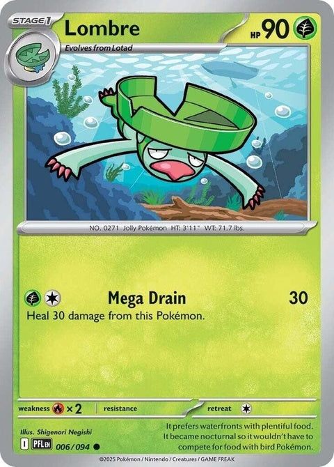 Pokémon Phantasmal Flames Lombre single card from ME02 set, featuring artwork of a water and grass-type Pokémon.