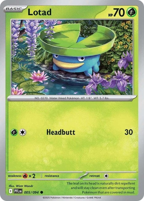 Pokémon Phantasmal Flames Lotad singles card from the ME02 set, featuring a colorful illustration of a Lotad on a vibrant background.