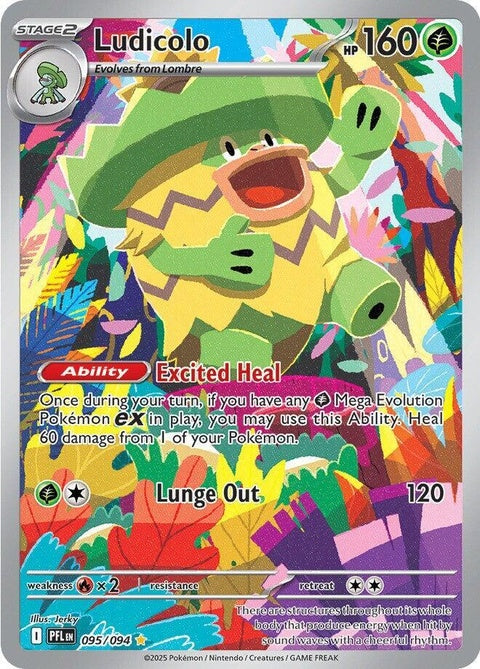 Pokémon Ludicolo from Phantasmal Flames set, card ME02 with 95 HP, featuring vibrant artwork of the water and grass-type Pokémon.