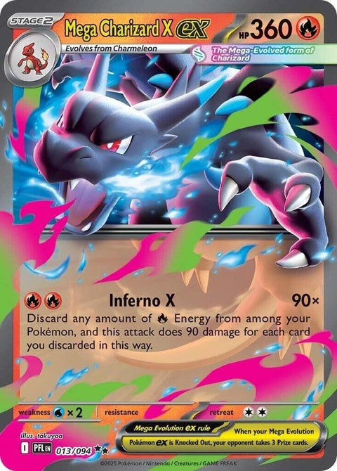 Pokémon Mega Charizard X EX card from Phantasmal Flames set, featuring detailed artwork of Mega Charizard X in a dynamic pose.