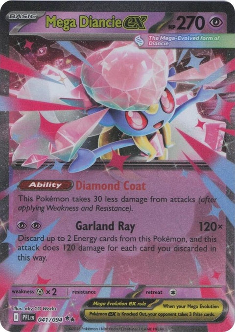 Mega Diancie EX Pokémon card from Phantasmal Flames set, featuring vibrant artwork of Mega Diancie in a Pokémon trading card image.