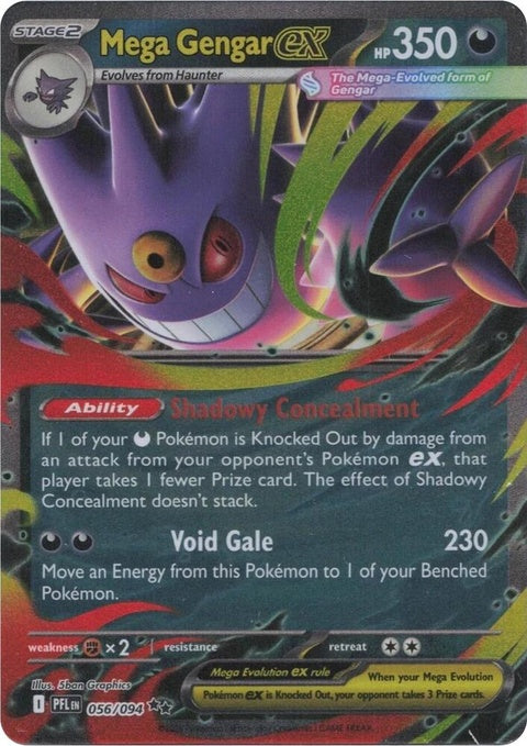 Pokémon Mega Gengar EX card from Phantasmal Flames set, featuring vibrant artwork of Mega Gengar with ghostly flames.