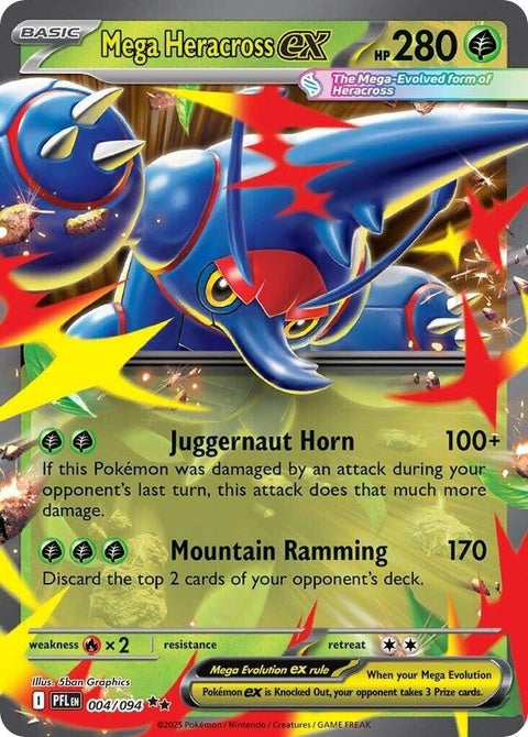 Mega Heracross EX Pokémon card from Phantasmal Flames set, featuring detailed artwork of a large, powerful bug and fighting type.
