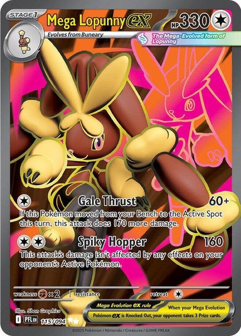 Mega Lopunny EX Pokémon card from Phantasmal Flames set, showcasing artwork and details of the Mega Lopunny Ex Pokémon.