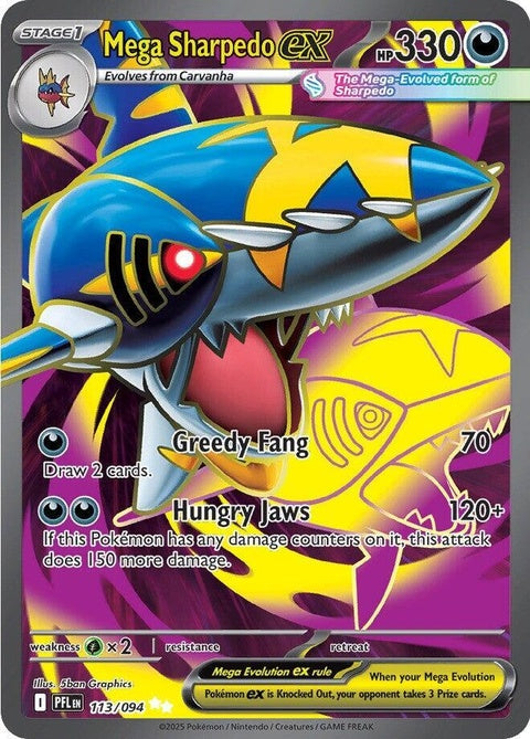Pokémon Mega Sharpedo EX card from Phantasmal Flames set, featuring a fierce Mega Sharpedo illustration.