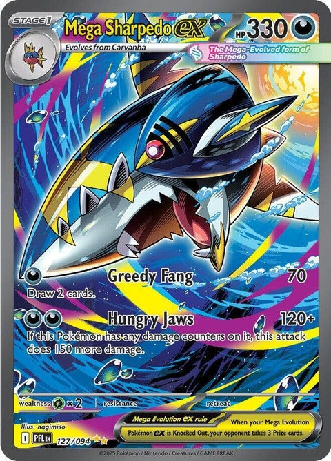 Pokémon Mega Sharpedo EX card from the Phantasmal Flames set, featuring a fierce Mega Evolution with vibrant artwork.