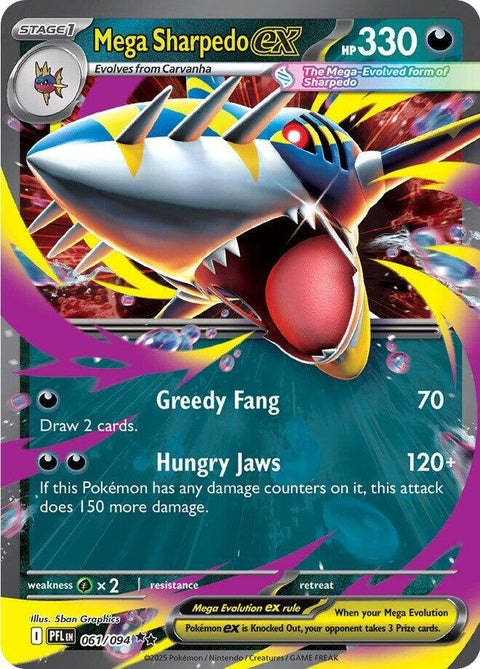 Pokémon Mega Sharpedo EX card from Phantasmal Flames set, featuring Sharpedo in a dynamic battle pose.