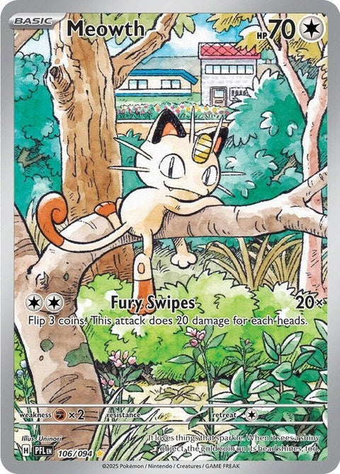 Pokémon ME02 Phantasmal Flames Meowth card from the Singles series, featuring artwork of a Meowth with fiery flames.