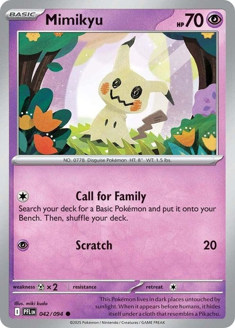 Pokémon Phantasmal Flames Mimikyu Pokémon card from the ME02 set, featuring Mimikyu with fiery flame artwork.