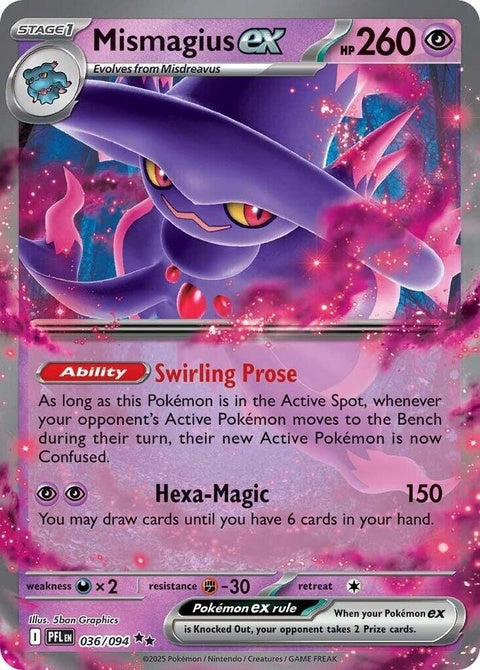 Pokémon Mismagius EX card from the Phantasmal Flames set, featuring vibrant artwork and detailed design on a Pokémon Singles card.