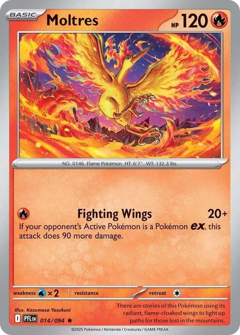 Pokémon Phantasmal Flames Moltres single card from ME02 set, featuring vibrant artwork of the legendary fire bird.