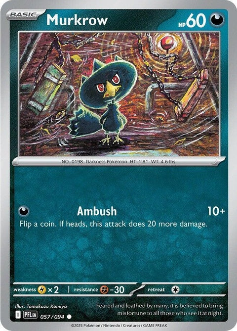 Pokémon Phantasmal Flames Murkrow card from ME02 set, featuring a dark-colored bird with glowing flames in a vivid illustration.