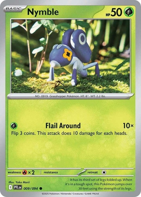 Pokémon Nymble card from the Phantasmal Flames series, featuring vibrant artwork and detailed design on a single card.