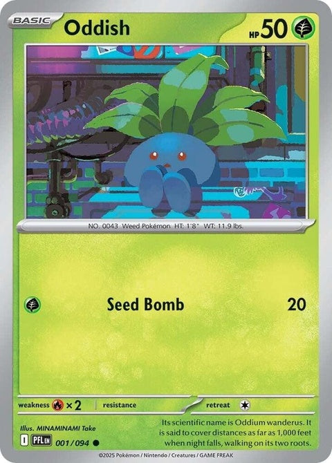 Pokémon ME02 Phantasmal Flames Oddish single card, featuring artwork of a small blue Pokémon with leafy top, on a vibrant background.