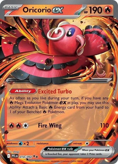 Pokemon Oricorio Ex from Phantasmal Flames set, featuring vibrant red and yellow feathers, detailed artwork, and dynamic pose.