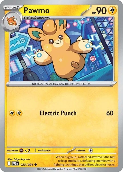 Pokémon Phantasmal Flames Pawmo single card from ME02 set, featuring vibrant artwork of the Pokémon Pawmo.
