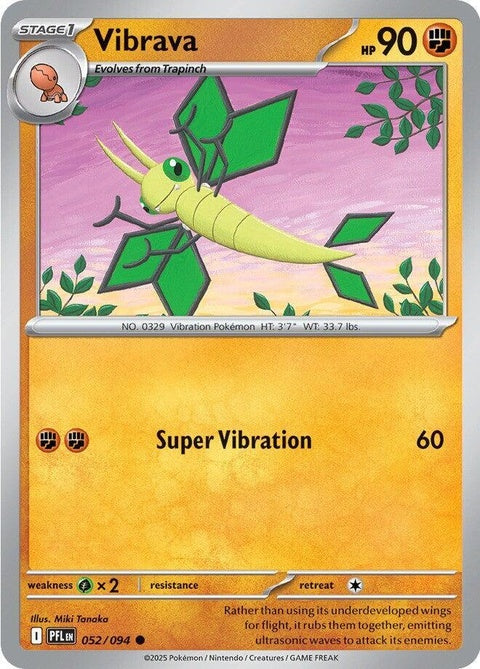 Pokémon Phantasmal Flames Vibrava single card from ME02 set, featuring vibrant artwork of the dragon-type Pokémon.