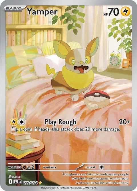Pokémon ME02 Phantasmal Flames Yamper trading card, featuring vibrant artwork of the Electric-type Pokémon.