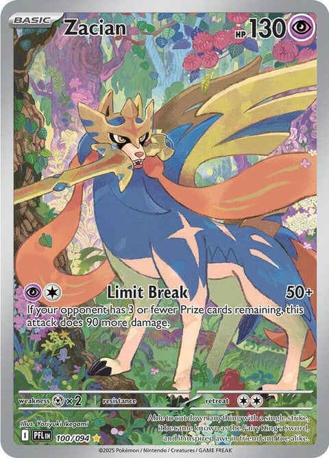 Pokémon ME02 Phantasmal Flames Zacian single card featuring a fierce Zacian in fiery artwork, ideal for Pokémon collectors.