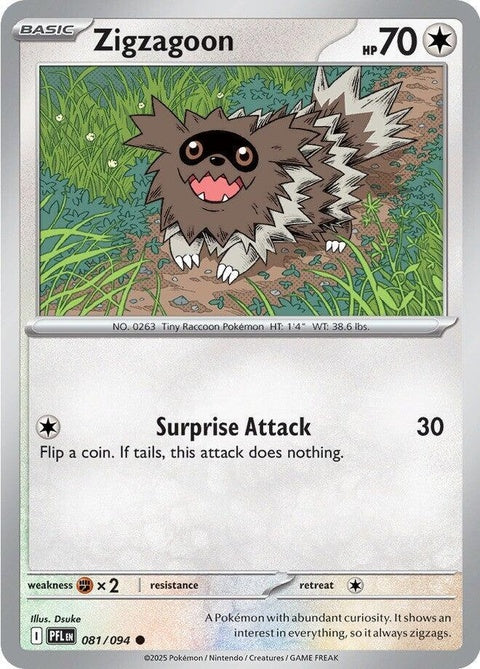 Pokémon Phantasmal Flames Zigzagoon single card from the ME02 set, featuring Zigzagoon in fiery-themed art.
