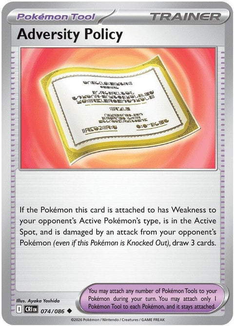 Pokémon Chaos Rising Adversity Policy single card, featuring vibrant artwork and game details on the front.