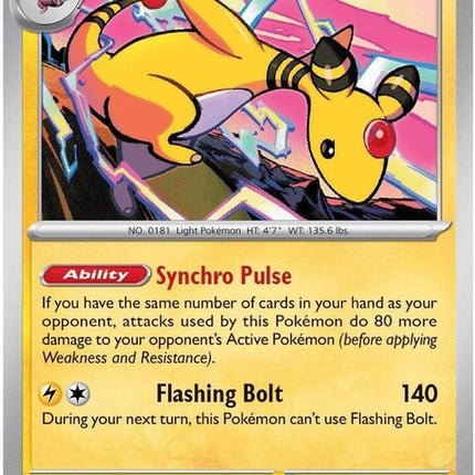 Pokémon Chaos Rising Ampharos single card from ME04 set, featuring detailed artwork of Electric-type Pokémon.