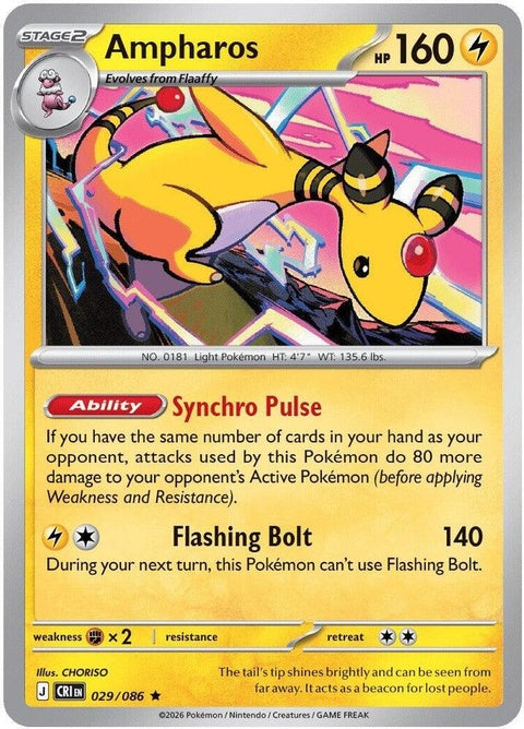 Pokémon Chaos Rising Ampharos single card from ME04 set, featuring detailed artwork of Electric-type Pokémon.