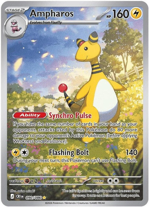 Pokémon Chaos Rising Ampharos 90 card from the ME04 singles set, featuring a detailed illustration of the Electric-type Pokémon.