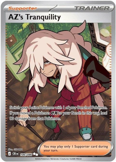 Pokémon Chaos Rising Az's Tranquility single card from set ME04, featuring Az with a calm, tranquil background.