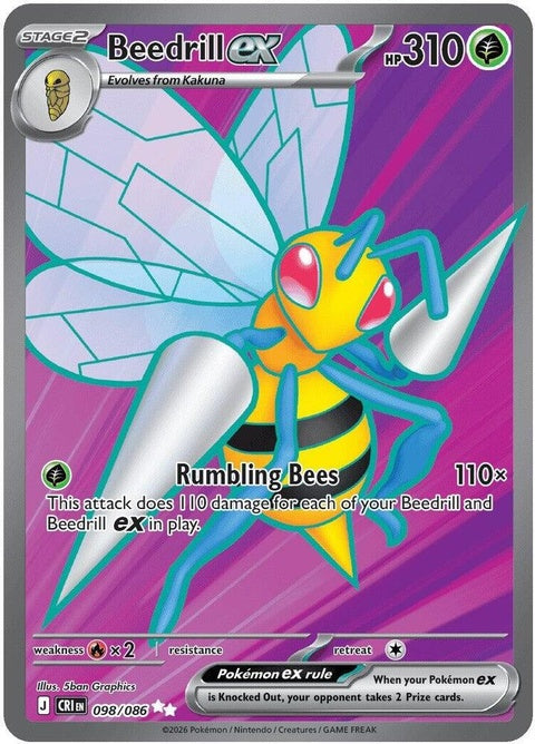 Pokémon Beedrill EX trading card from Chaos Rising set, featuring Beedrill in an action pose on a vibrant background.