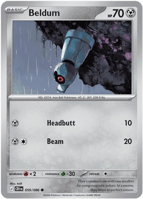 Pokémon Chaos Rising Beldum single card from the ME04 set, featuring a metallic blue Beldum with a robotic design.