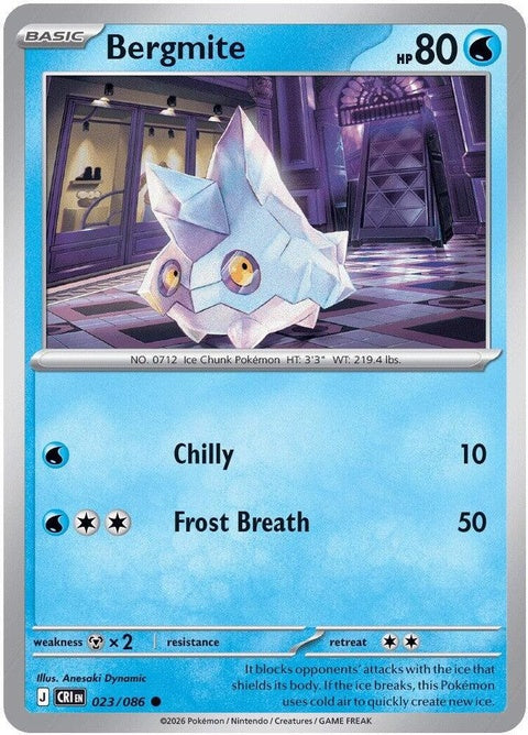 Pokémon Chaos Rising Bergmite single card from the ME04 set, featuring detailed artwork of the ice-type Pokémon.