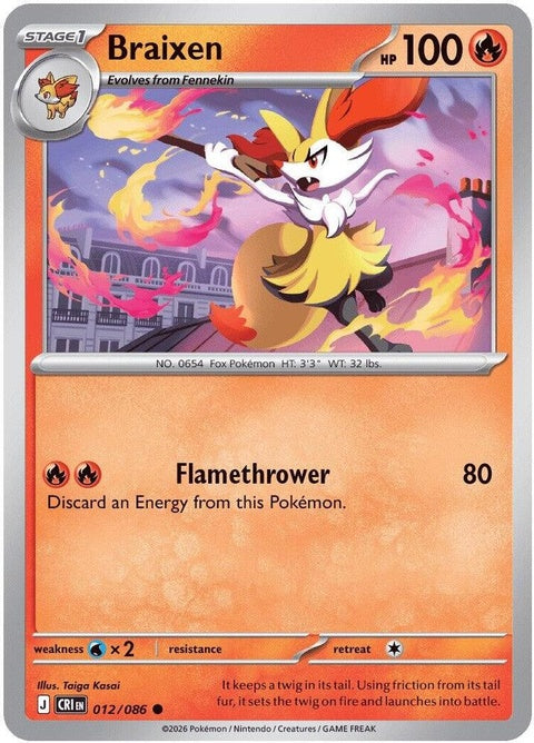 Pokémon Chaos Rising Braixen single card, detailed illustration on Pokémon trading card game artwork.