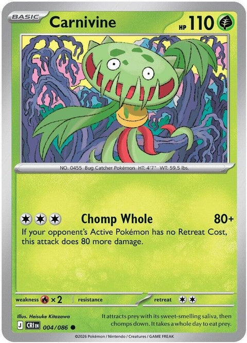 Pokémon Chaos Rising Carnivine single card from the ME04 set, featuring detailed artwork of the green, plant-based Pokémon.