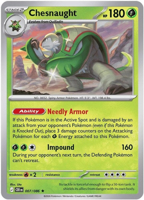 Pokémon Chaos Rising Chesnaught card from the ME04 set, featuring detailed artwork and vibrant colors.