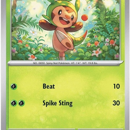 Pokémon Chaos Rising Chespin single card from the ME04 set, featuring a colorful illustration of the Grass-type Pokémon.