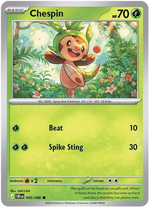 Pokémon Chaos Rising Chespin single card from the ME04 set, featuring a colorful illustration of the Grass-type Pokémon.
