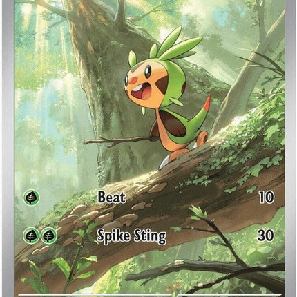 Pokémon Chaos Rising Chespin Pokémon card from the ME04 set, featuring a colorful illustration of the Grass-type Pokémon.