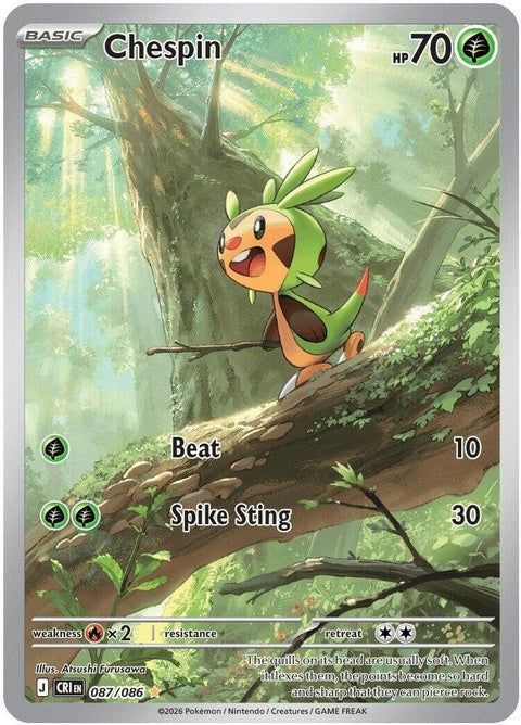 Pokémon Chaos Rising Chespin Pokémon card from the ME04 set, featuring a colorful illustration of the Grass-type Pokémon.