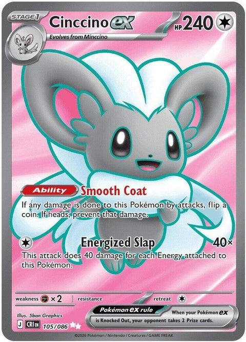 Pokémon Chaos Rising Cinccino EX card from the ME04 set, featuring a detailed illustration of the Pokémon Cinccino in vibrant colors.