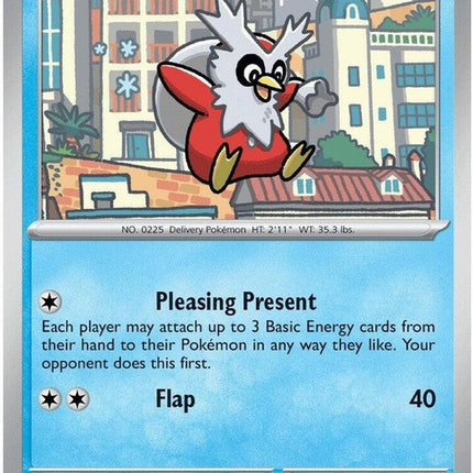 Delibird Pokémon trading card from Chaos Rising series, showcasing artwork and game details on the front.