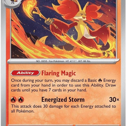 Delphox Pokémon card from Chaos Rising set, numbered 13, featuring artwork of the Fire and Psychic-type Pokémon.