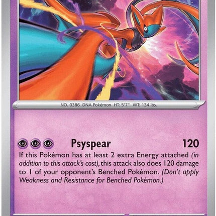 Pokémon Chaos Rising Deoxys card from the ME04 Singles set, featuring a detailed illustration of the Psychic and Fighting type Pokémon.