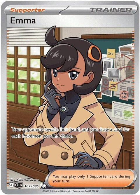 Pokémon Chaos Rising Emma single card from the ME04 set, featuring artwork of a character with vibrant colors and dynamic pose.
