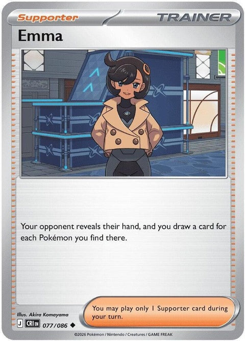 Pokémon Chaos Rising Emma single card from the ME04 set, featuring character artwork and game details.