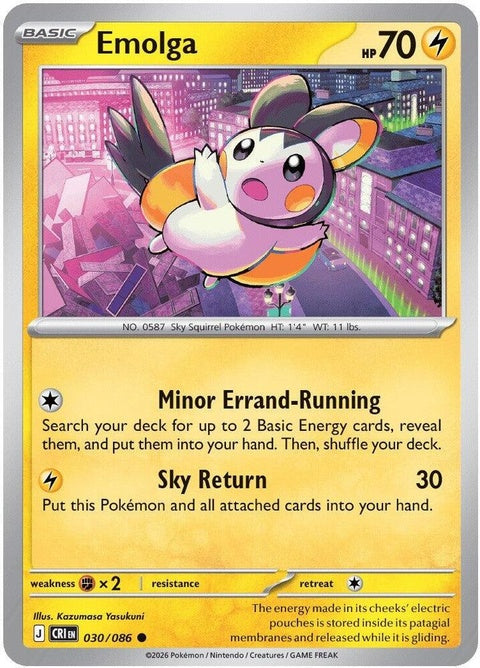 Emolga Pokémon card from Chaos Rising set, featuring a vibrant illustration of the Electric Flying type Pokémon.