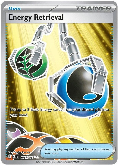 Pokémon Chaos Rising Energy Retrieval card, singles from the ME04 set, featuring vibrant artwork and energy recovery design.