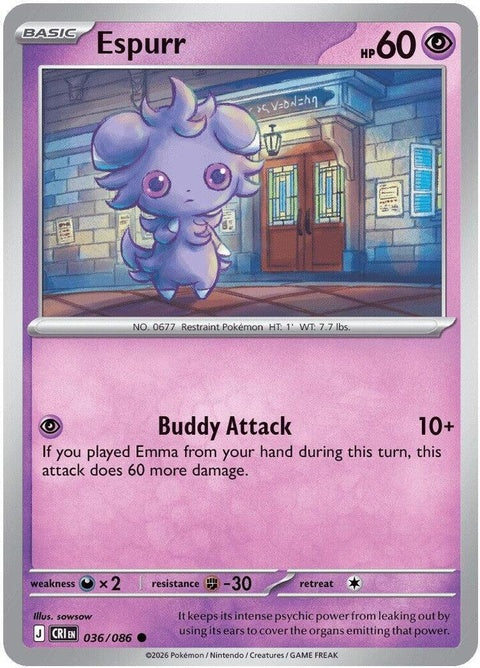 Single Pokémon card featuring Espurr from the Chaos Rising set, with vibrant artwork and detailed card design.