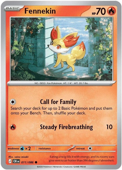 Fennekin Pokémon card from Chaos Rising set, featuring vibrant artwork of the fire-type Pokémon in a dynamic pose.